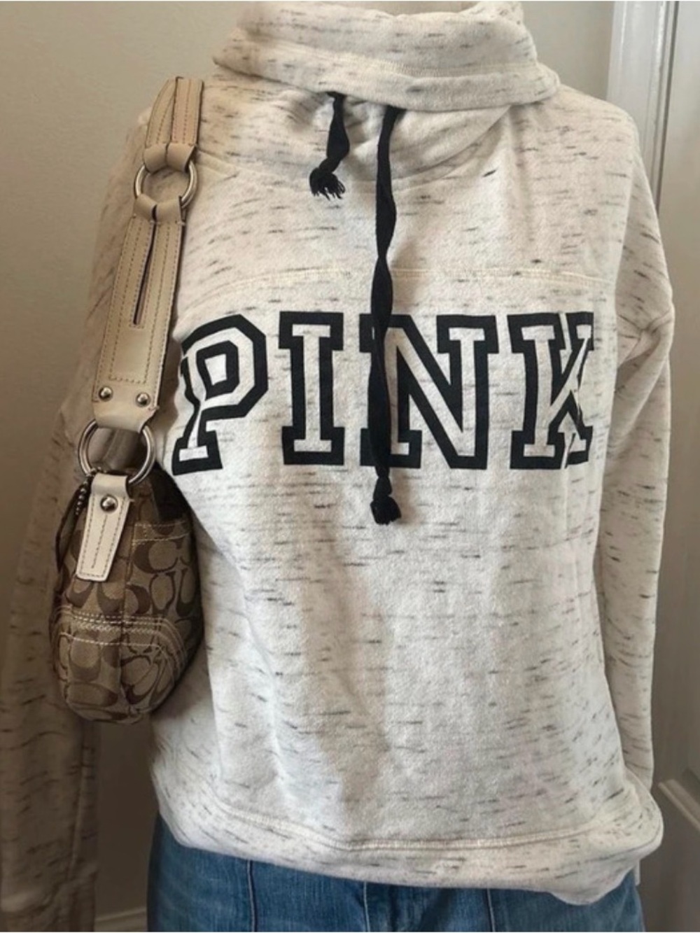 Victoria's Secret PINK Cream Marled Pullover Hoodie with Black Logo